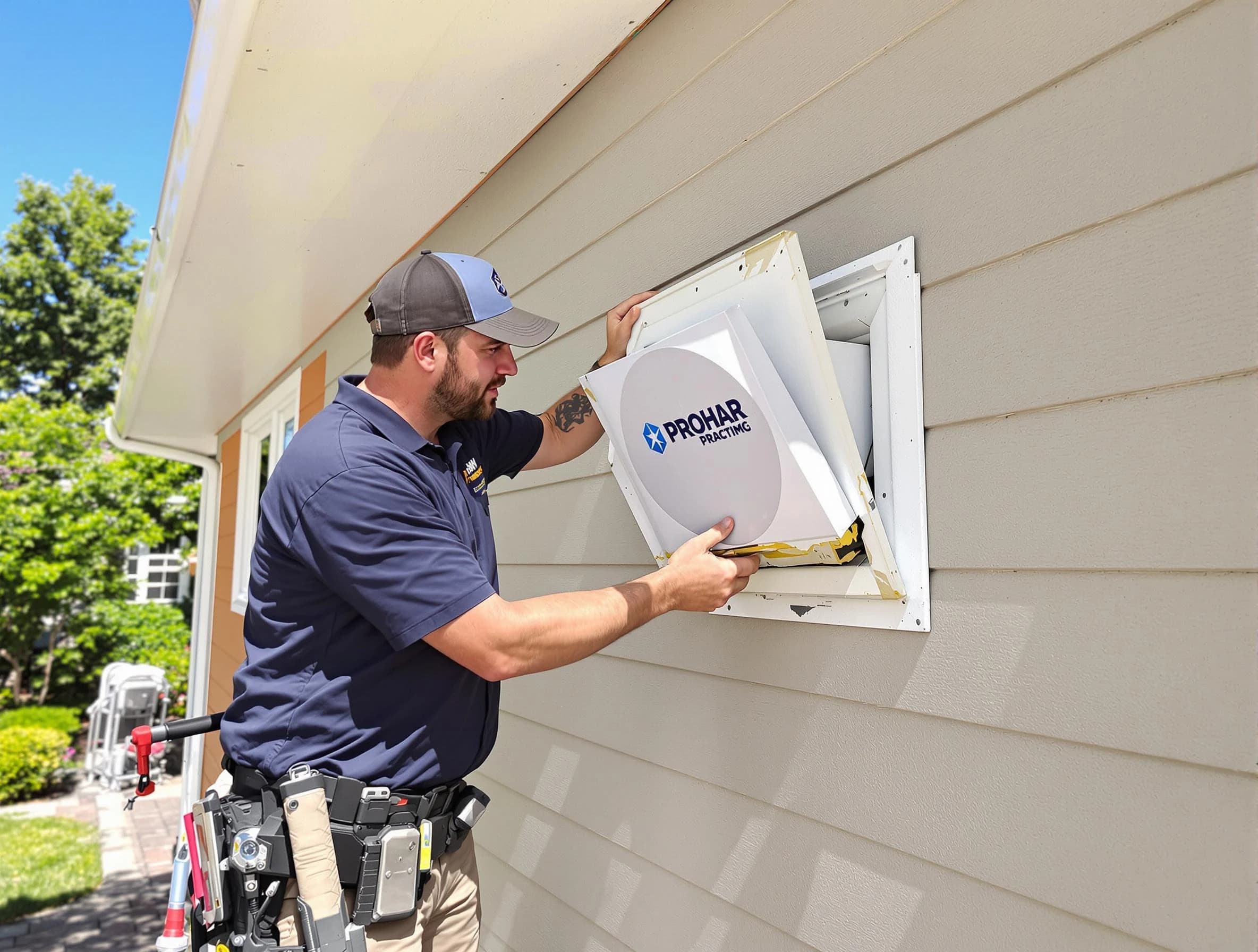 Stone Mountain Dryer Vent Cleaning technician installing a new protective dryer vent cover on a home in Stone Mountain