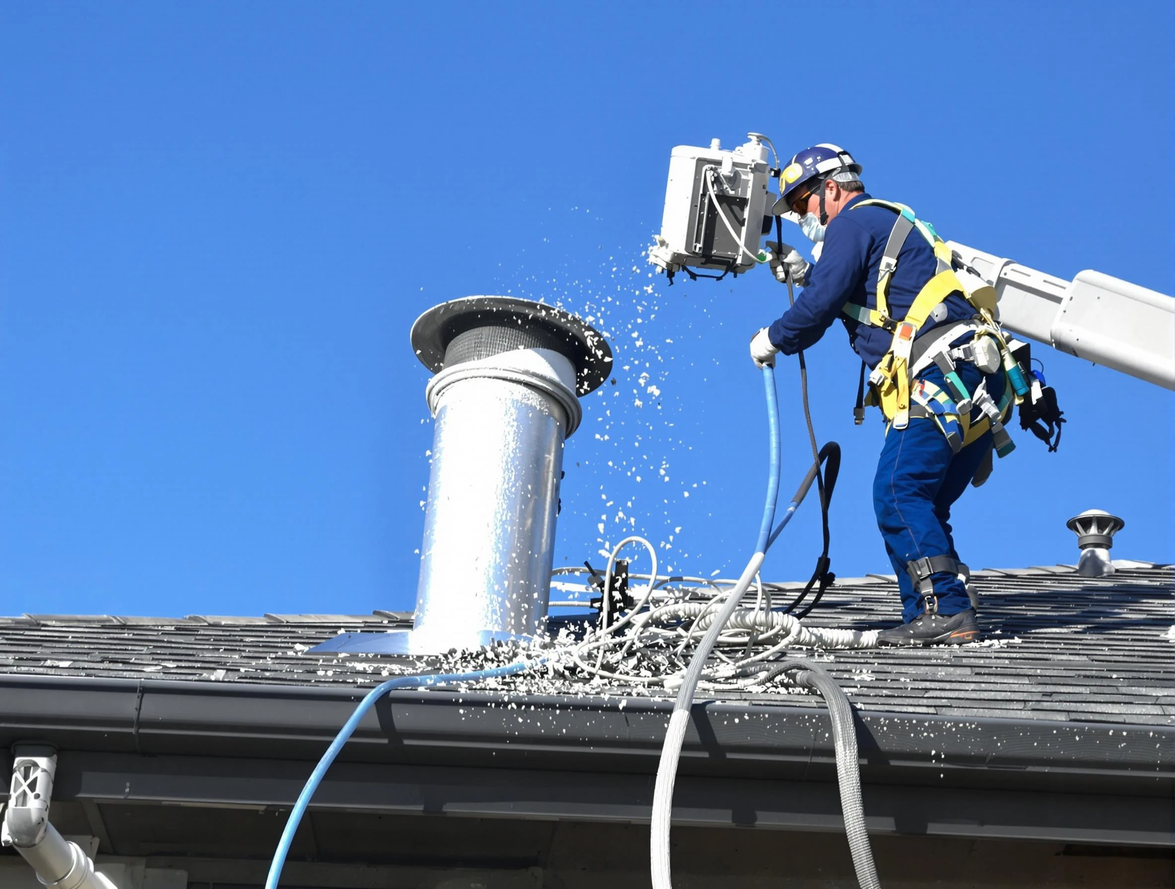 Stone Mountain Dryer Vent Cleaning certified technician safely cleaning a roof-mounted dryer vent in Stone Mountain