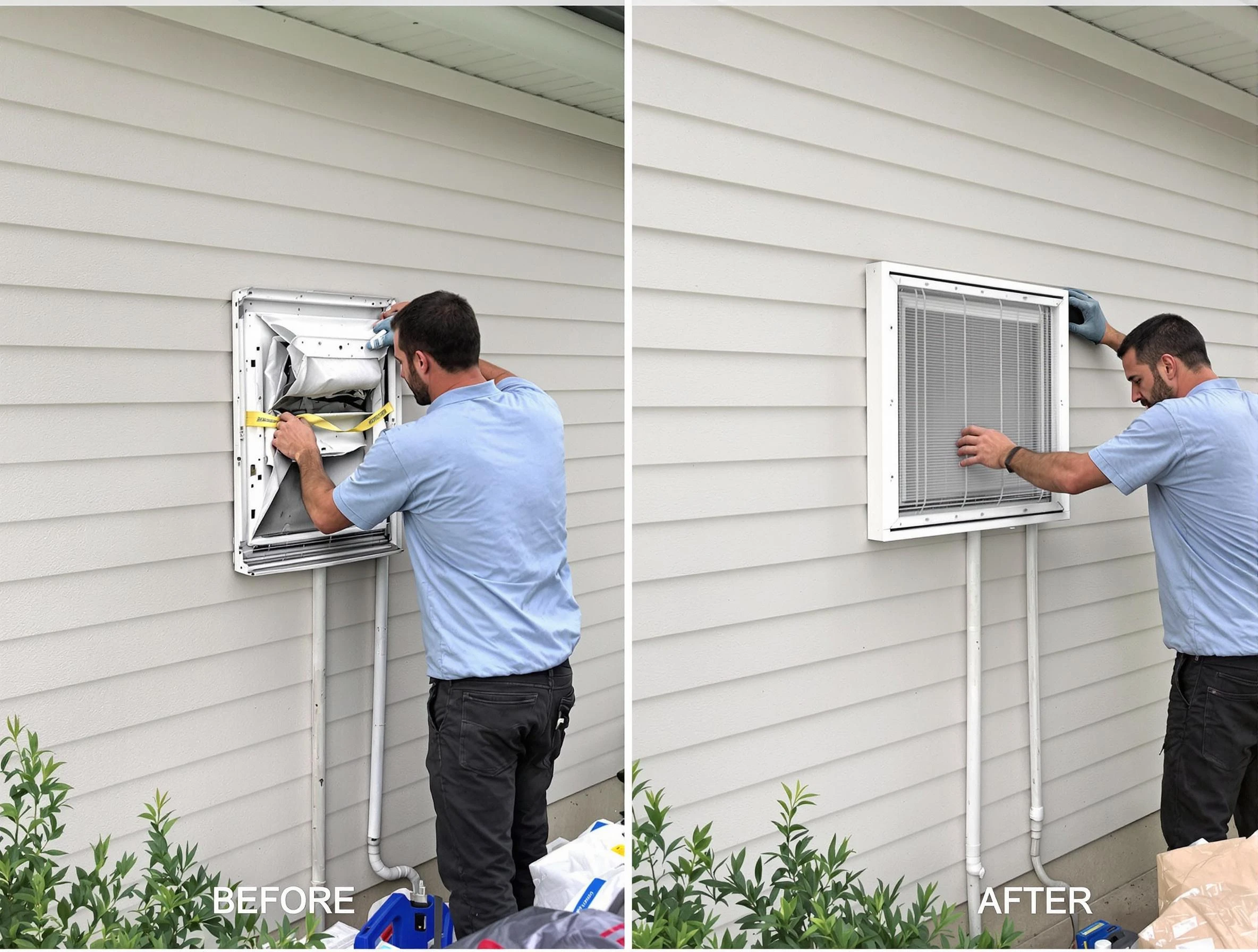 Stone Mountain Dryer Vent Cleaning technician installing high-quality dryer vent cover at a residential property in Stone Mountain